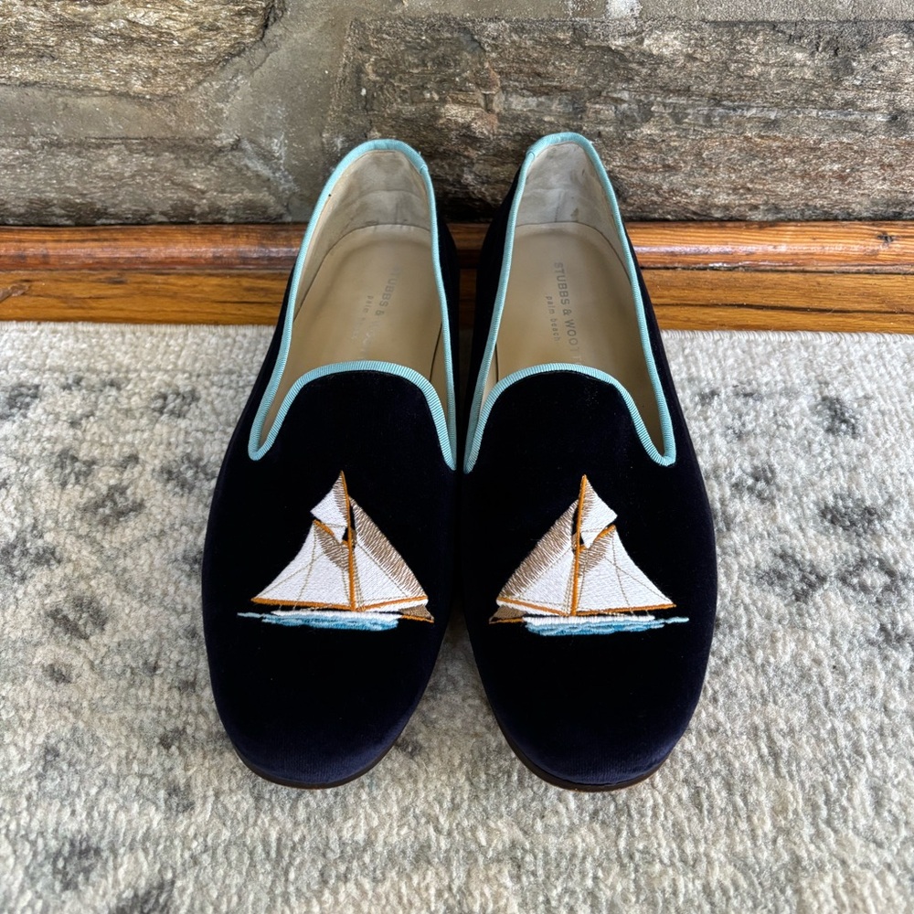 Stubbs & Wootton Luxury Navy Velvet Sailboat Loafers with Light Blue Trim